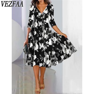 Women's Fashion Spring Fall Flower Pattern Print 3/4 Sleeves V-Neck Middle Waistline Casual Dresses
