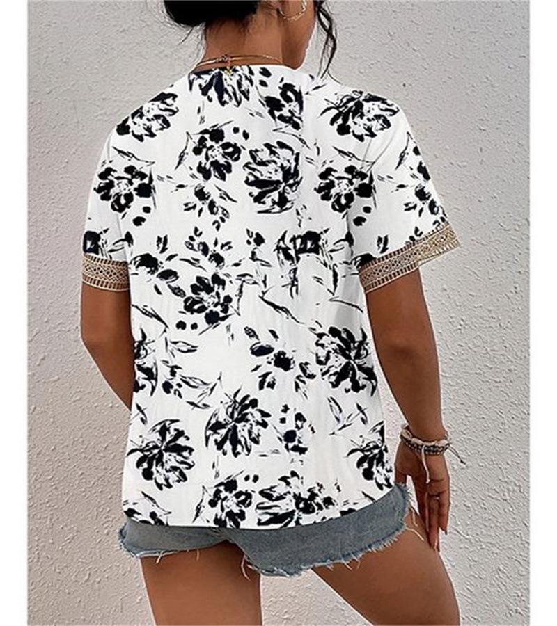 Women's V-neck Lace Loose Short Sleeve Top - Elegant Commute Style