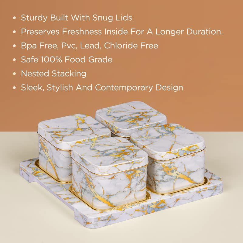 Container Tray Set with Lid & Serving Tray, Dry Fruit Box Set with Serving Tray for Serving Sweets, Chips, Cookies Other Snacks 4 Pieces, White