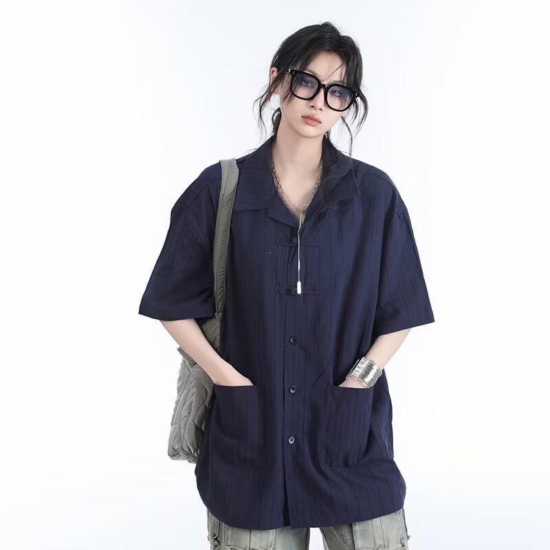 

Летняя одежда мужская ретро повседневная рубашка студенческая свободная нишевая дизайнерская забавная новая мужская верхняя часть для ношения на открытом воздухе 2XL синий