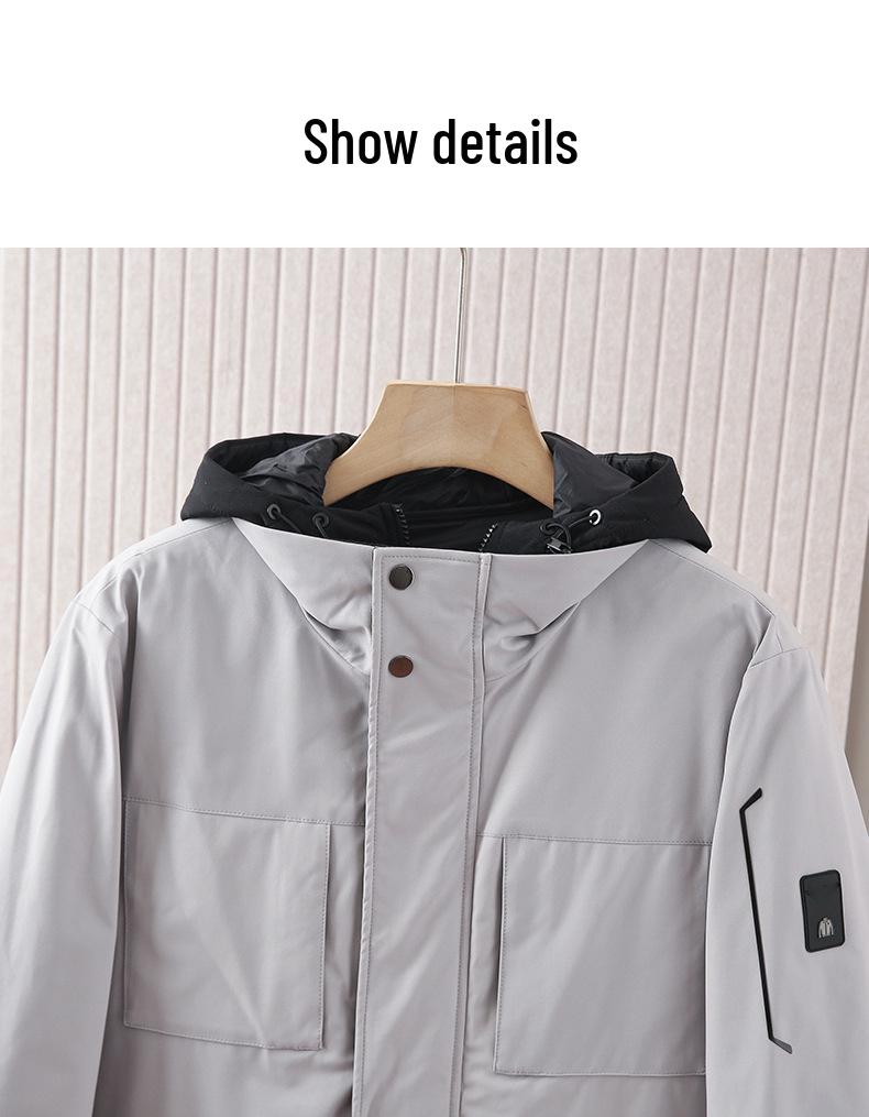 Wolf Men's Mid-Length Hooded Duck Down Jacket with Detachable Liner - Windproof and Warm for Winter