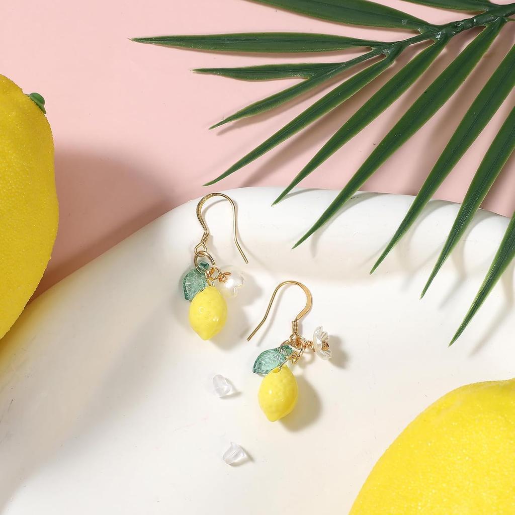 Cute Lemon Dangle Earrings for Women, Resin Yellow Lemon Hoop Earrings Minimal Fashion Fruits Dangling Earring for Women Sweet Earring