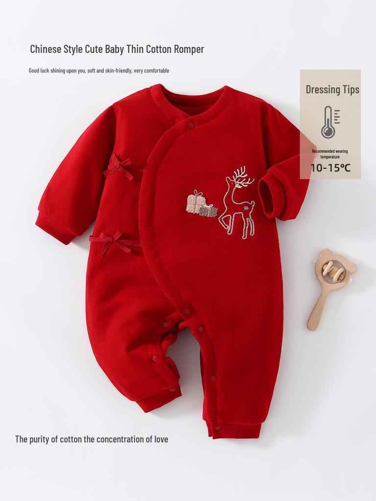 Newborn Red Cotton Jumpsuit with Asymmetrical Collar - Festive Baby Romper for New Year