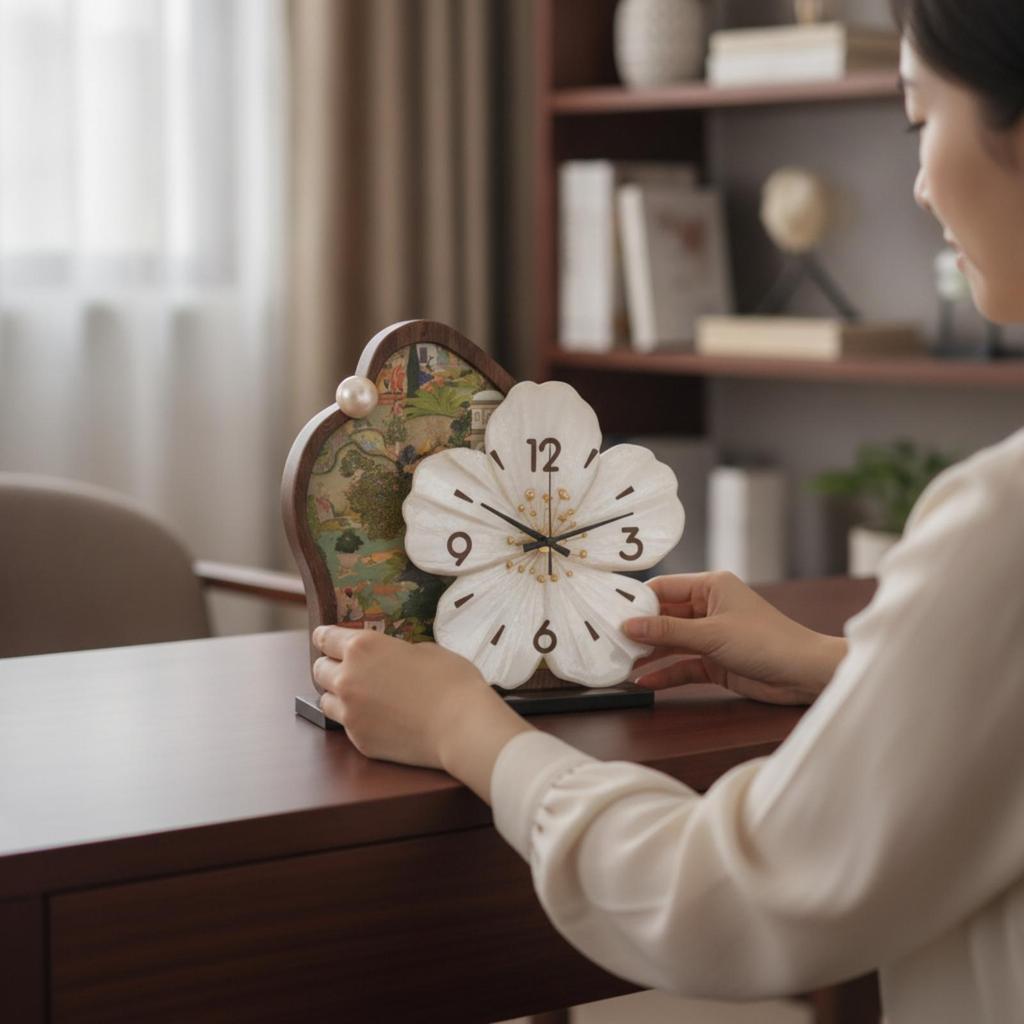 Relógio de Flores Silencioso Decorativo com Base Estilo Antigo para Escritório, Hall de Entrada