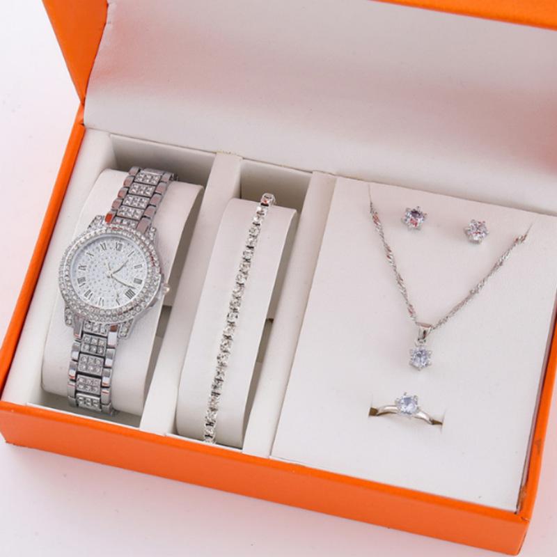 5Pcsset New Popular High-End Fashion Diamond-Encrusted Women'S Watch Small Fresh Retro Simple Watch Women'S Bracelet Set
