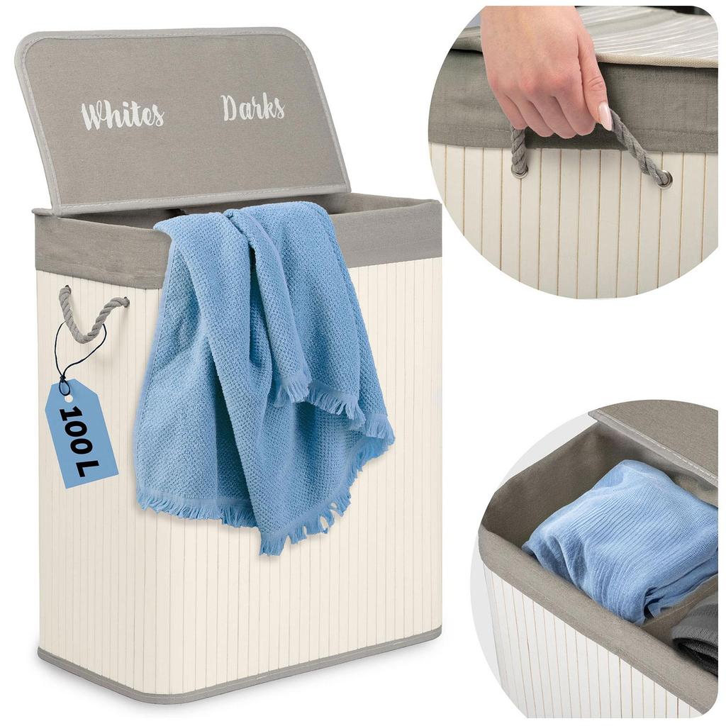 Bamboo Laundry Basket with Lid 100 L Massido