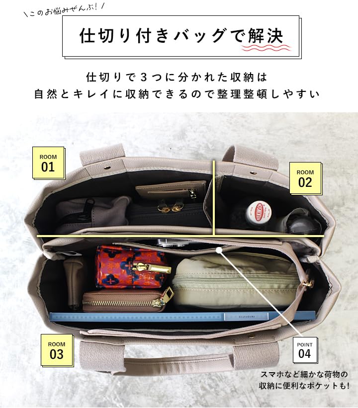 Lizdays Large A4 Tote Bag with Zipper and Dividers for Commuting and Work Women's (Gray Beige)