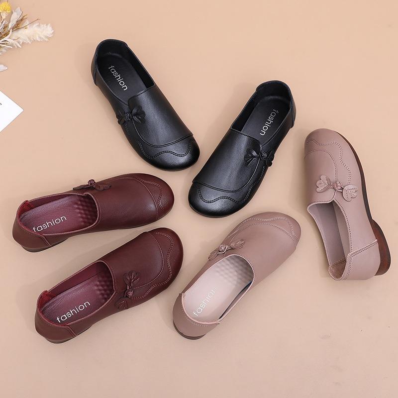 Shoes Single Shoes Soft Sole Comfortable Non-slip Medium Leather Shoes Flat Sole Medium the Elderly Women's Shoes Spring and Autumn Models