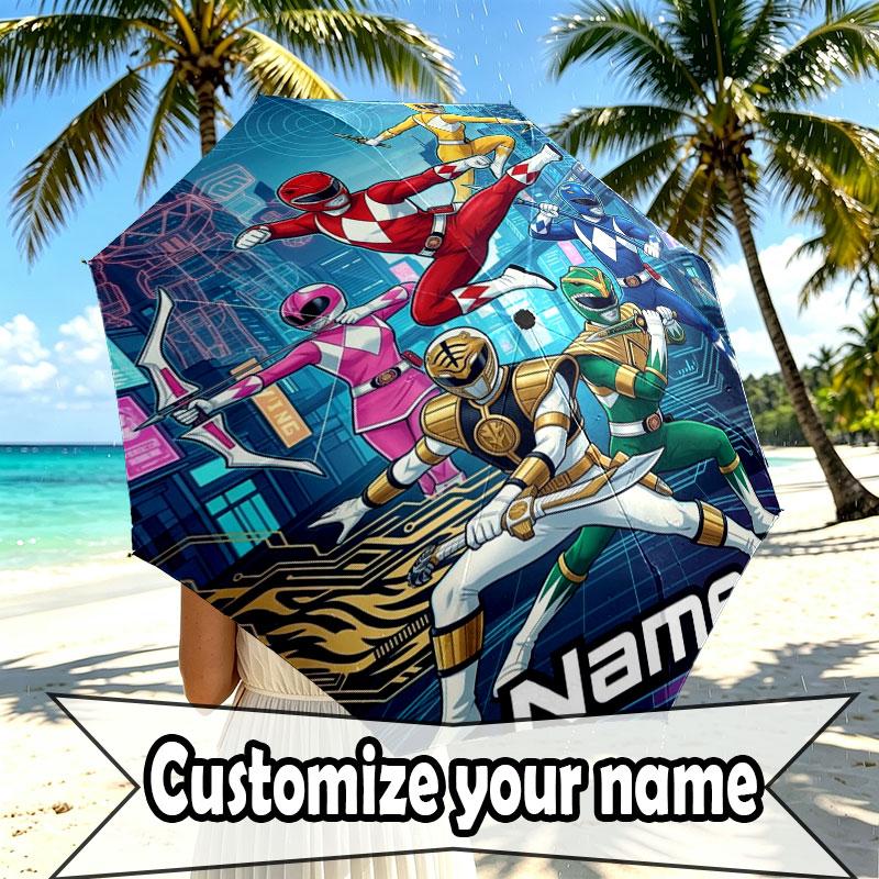 Custom Name Personalized Power Rangers Print Umbrella, Auto Open Close, 8‑Rib Sturdy Frame, Commute Camping Hiking Use, Birthday Gift