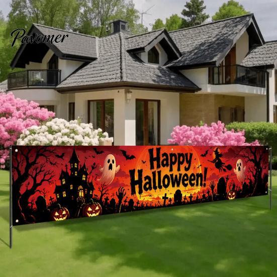 Festival Photo Booth Backdrop Halloween Fence Banner, 118 x 20 Inch Large Yard Sign Banner Flag, Scary Store Window Holiday Displays Party Hanging