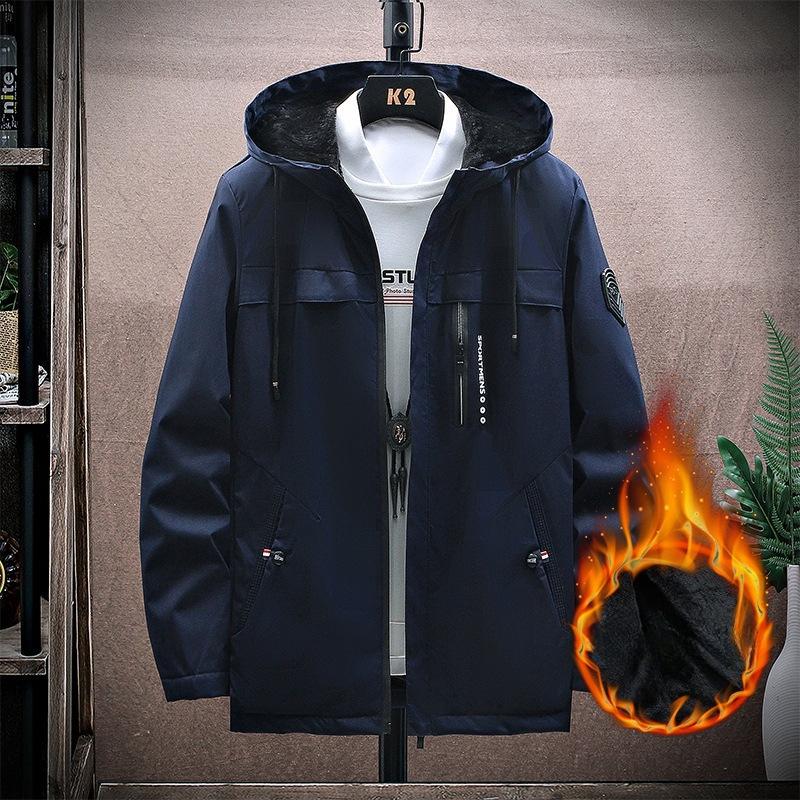 Add fleece thick fashion men's slim hooded coat Men's casual jacket trench coat trend long