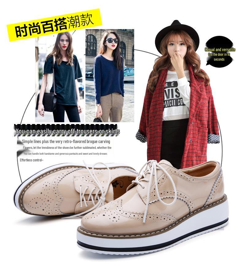 Women's Plus Size Brogue Wedge Heel Lace-Up Leather Shoes - College Style
