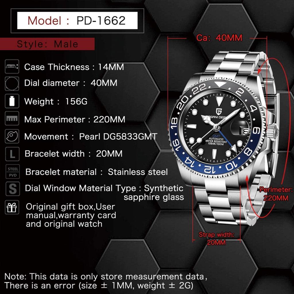Pagani Design Men's Watch GMT Hand Automatic Japanese Movement Diver's Mechanical Case Waterproof Ceramic Bezel Business Work Dress Watch Stainless