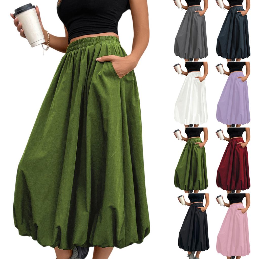 Damen Maxirock A-Linie mit hoher Taille und Taschen Elastischer Bund Lockere Passform Lässiger Langer Rock für den Alltag
