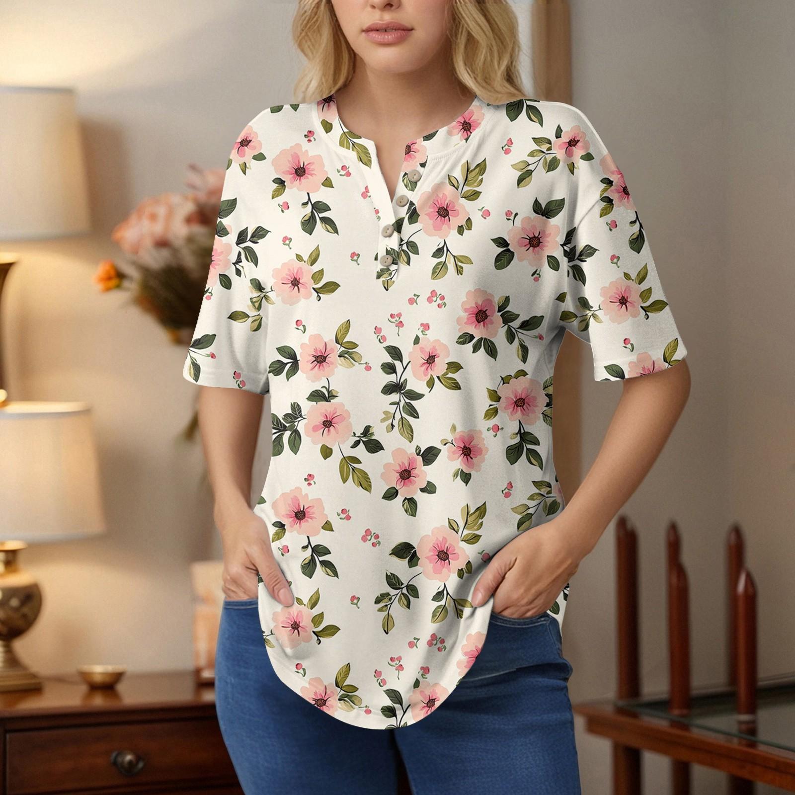 

Короткие рукава женские топы летние футболки цветочный принт V-образный вырез повседневные базовые футболки рубашки на пуговицах туники XL