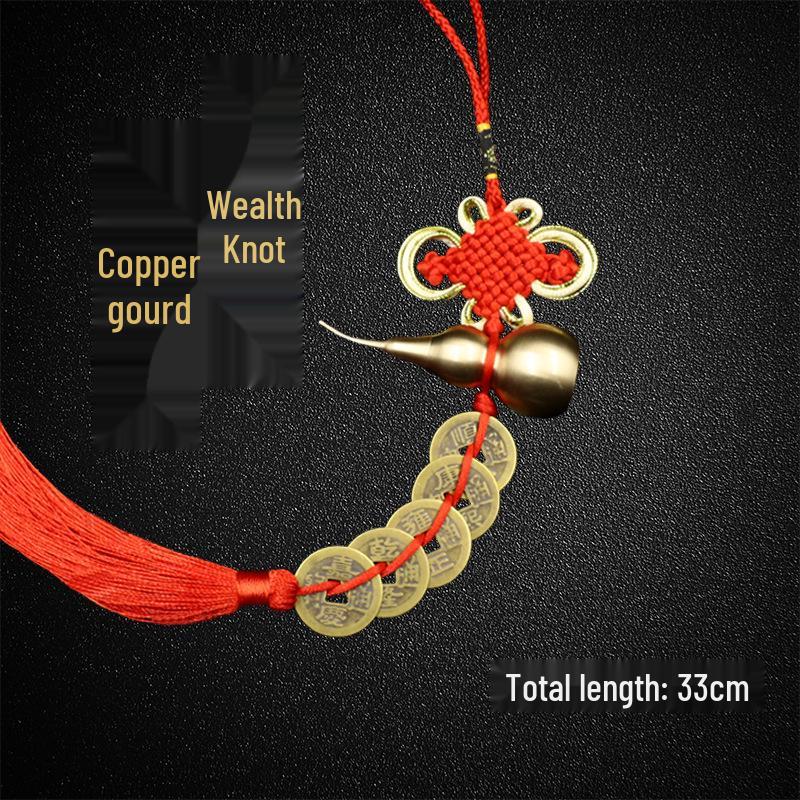 7cm Copper Gourd with Five Emperors Coins, Gold-Edged Knot, and Peach Wood Hanging Ornament.