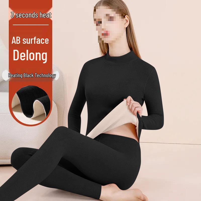 Women's Fleece-Lined Thermal Underwear Set - Semi-High Neck, Thick Base Layer for Autumn & Winter