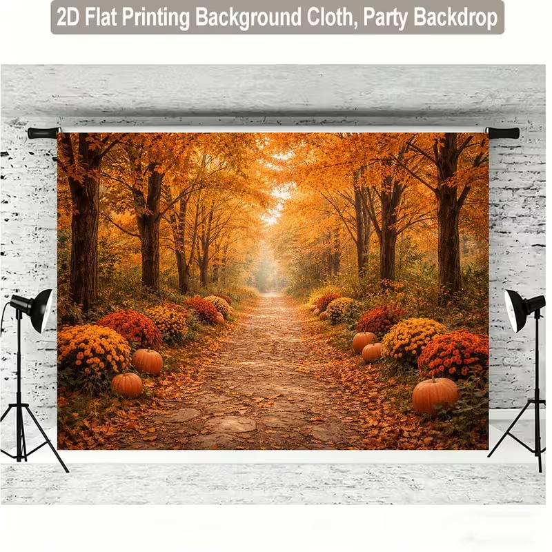2D Warm Autumn Path with Pumpkins & Flowers Backdrop Photo Background