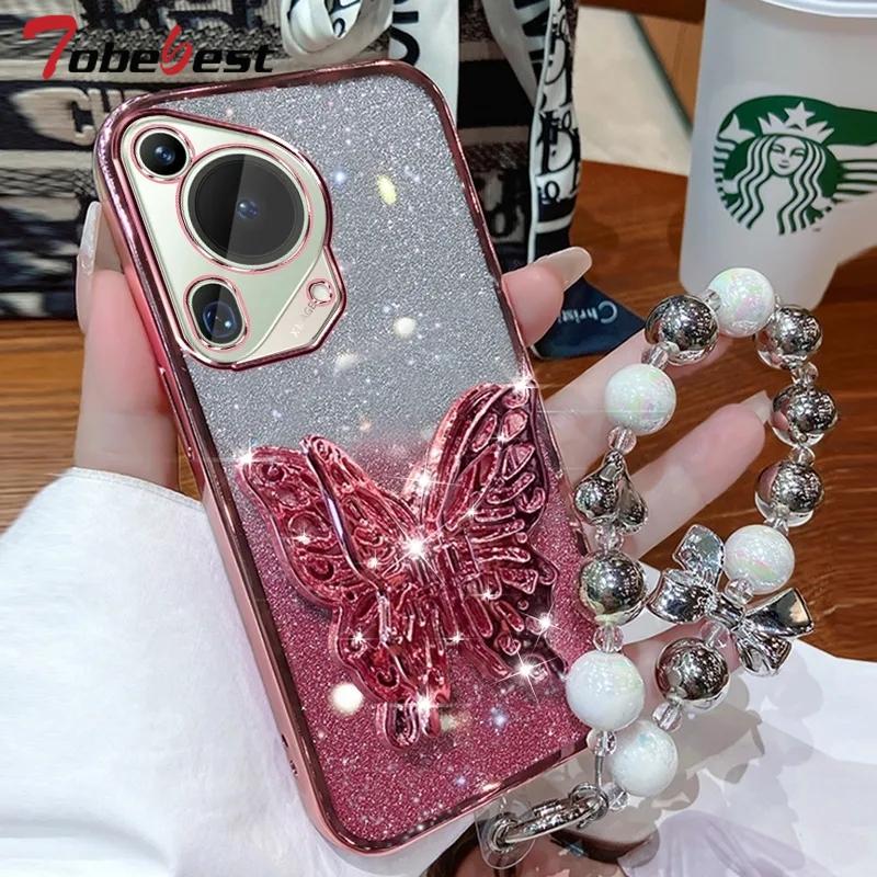 3D Butterfly Phone Holder Bead Bracelet Glitter Plating Case for Huawei Pura 70 Ultra P60 P50 P40 P30 P20 Lite Pro Back Cover