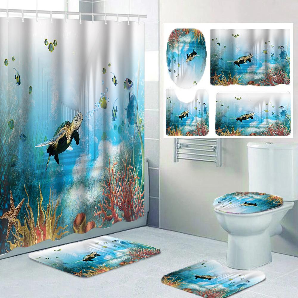1/4 Marine Organism Shower Curtains, Toilet Seat Decoration, Shower Curtain With Carpet And Toilet Lid, 12 70.8X70.8 Inch Hooks