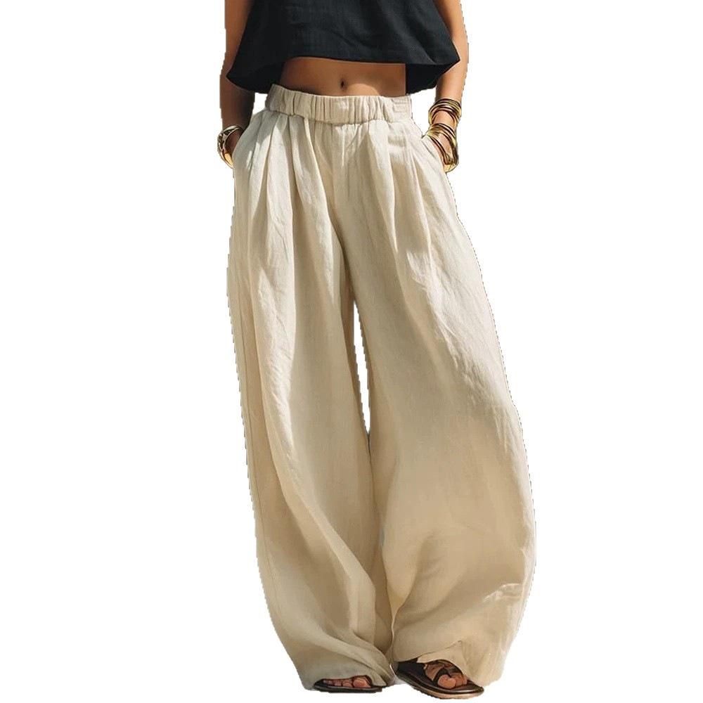 2026 Women's European American Spring/Autumn Casual Loose Pants with Pockets, Elastic Waist, Solid Color