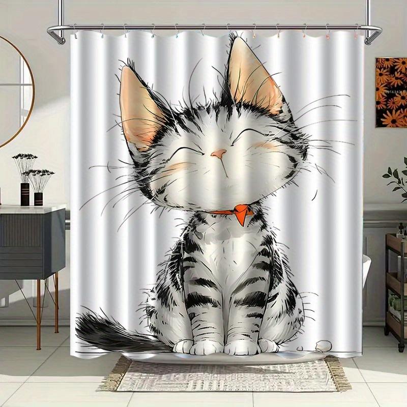 Cute Cartoon Kitten Shower Curtain Machine Washable All Season Waterproof Privacy Protection 2D Print Animal Design Adorable
