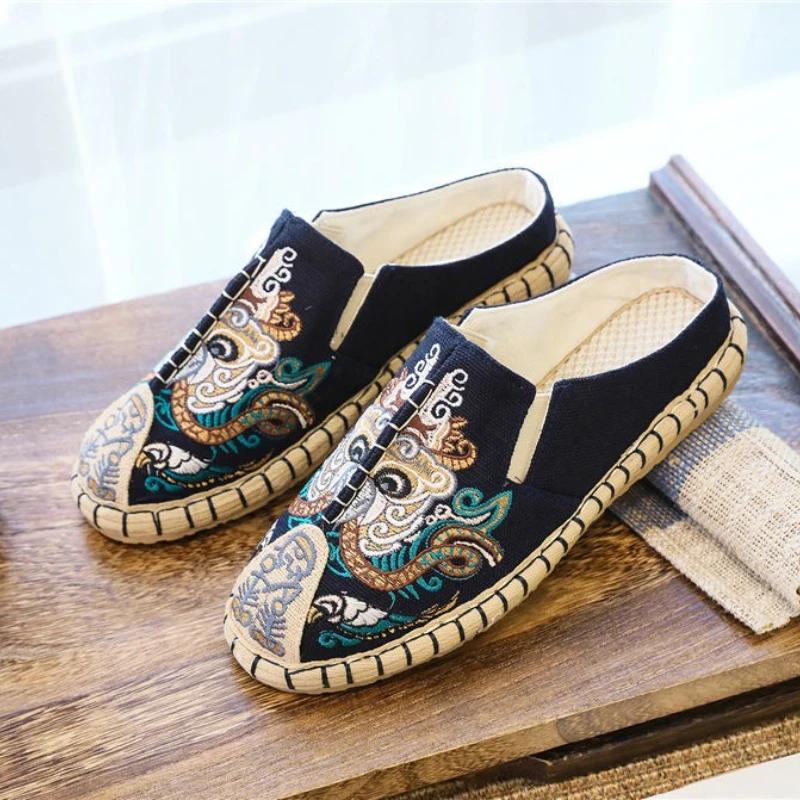 Fashion Men's Shoe Walk Around Home Embroidery Half Male Slipper Cheap Shoes Liquidation Low Price Mascullino Designer Luxury Y2k Slides