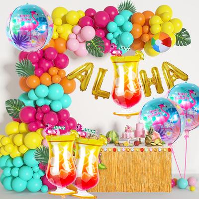 8-Piece Set, 4 Flamingo Cocktail Balloons, 4 22-Inch 4D Round Flamingo Balloons, Summer Hawaiian Balloon Set, Beach Party Foil Balloons, 