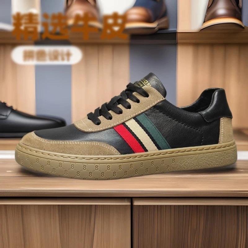 New Designer Men Genuine Leather Casual Shoes Fashion Striped Flat Skate Shoes Young Man Cool Sneaker