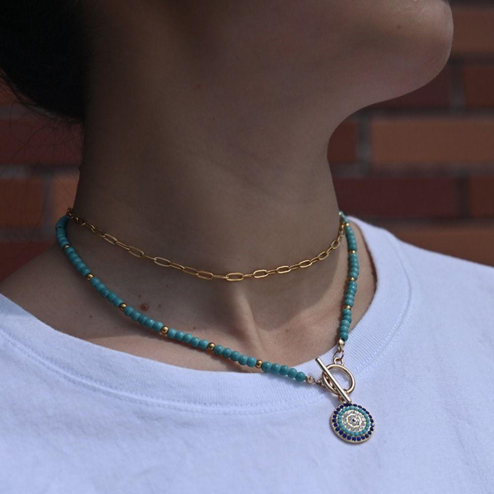 Boho Style Colorful Stone Choker 4mm Beads Beads Chain Necklace Evil Eye Charm Pendant  Women Girls