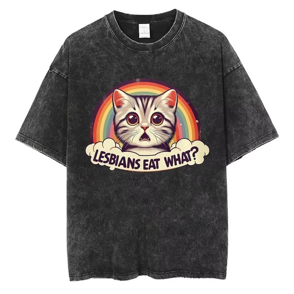 

Washed Black Cat TShirt Unisex Vintage Lesbians Eat What Graphic Tee Harajuku Style Loose Fit Short Sleeve Summer Fashion S