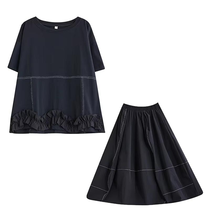 

XITAO Patchwork Ruffles O-neck Matching Female Set GYX1575 One Size чёрный