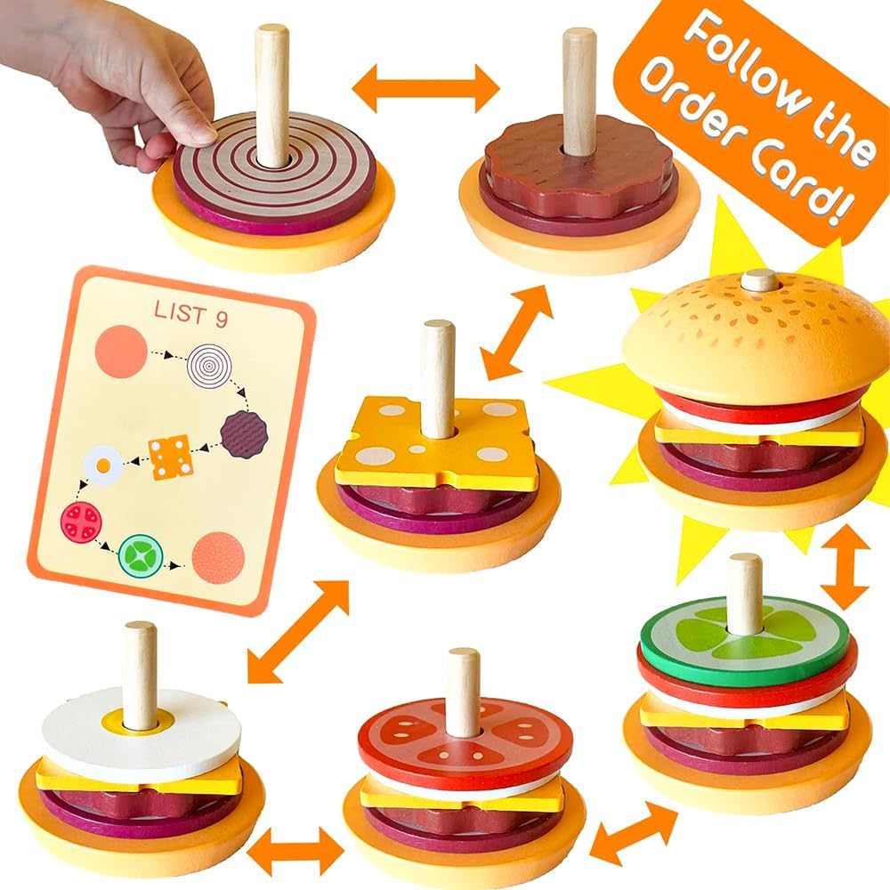 Wooden Hamburger Children's Stacking Toy, Wooden Burger, Food Cooking Toy, Wooden Stack Play Kitchen, Christmas Gift for Boys and Girls, 3+ Years