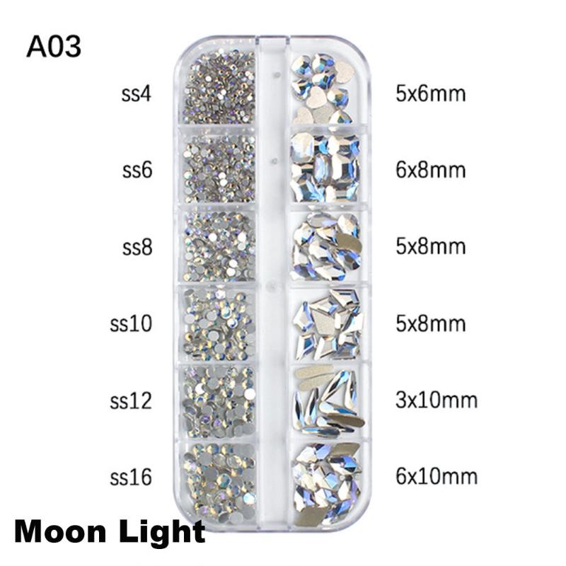 12-Grid 3D Nail Art Rhinestones Set Super-Shiny Flatback Adhesive Rhinestones for DIY Decorative Nail Art Multiple Shapes
