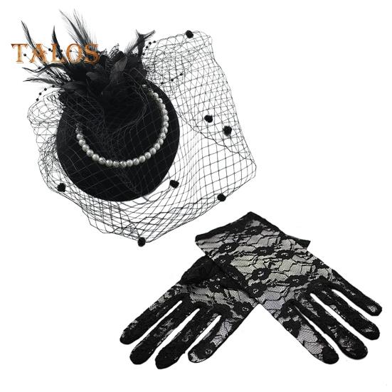 

2 шт./компл. шляпа-шапка-вуаль, головной убор, кружевные перчатки, набор, сетка, перья, декор для коктейля и чаепития, женский головной убор чёрный