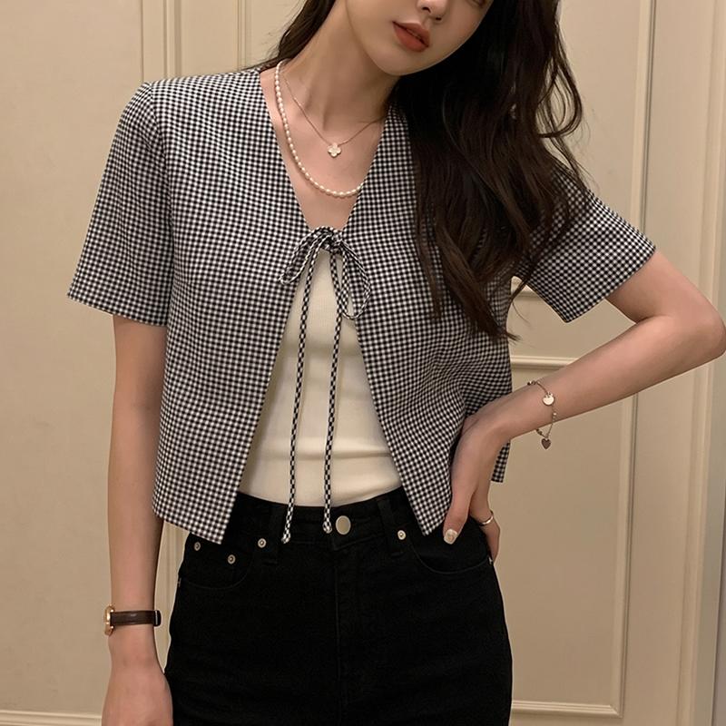 ZANZEA Blusa tipo cárdigan informal con cuello en V y mangas cortas con cordones para mujer