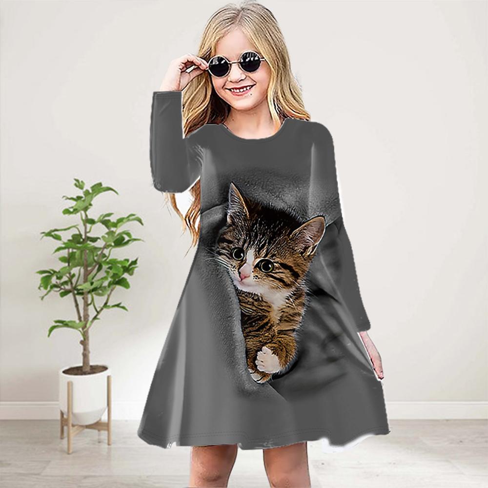 

Повседневное платье для девочки с 3D-принтом «Одуванчик, кот», круглым вырезом и длинными рукавами, детское платье принцессы 80 серый