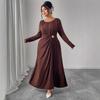 Women's Long Sleeve Pleated Belted Maxi Dress Comfortable Drape with Metal Buttons
