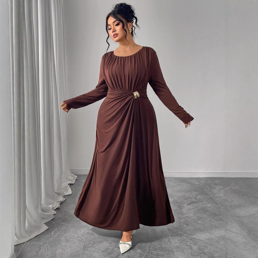 Women's Long Sleeve Pleated Belted Maxi Dress Comfortable Drape with Metal Buttons
