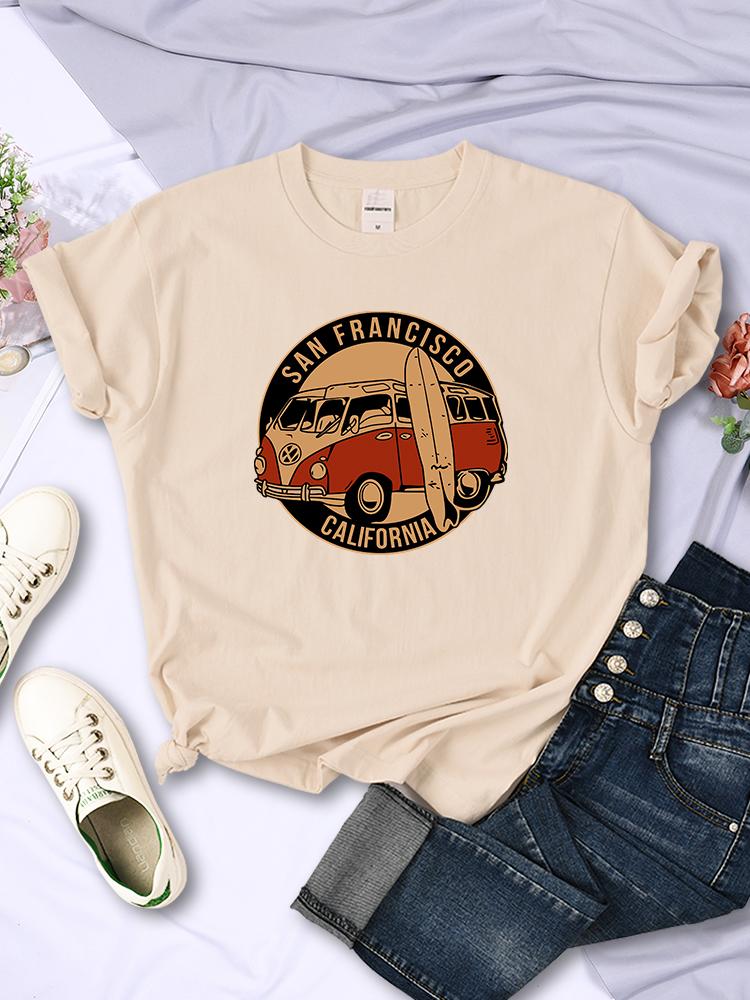 San Francisco California Vintage School Bus T-Shirts Women Street Hip Hop Short Sleeves Summer Breathable Tshirt Soft Casual Tee