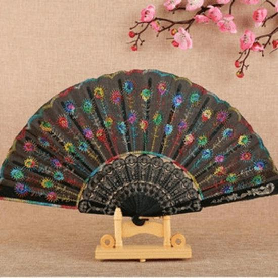 

Peacock Feather Embroidery Fan: Black Rib Sequin Dance Accessory for Wing Chun, Hanfu, and Ancient Style Performances