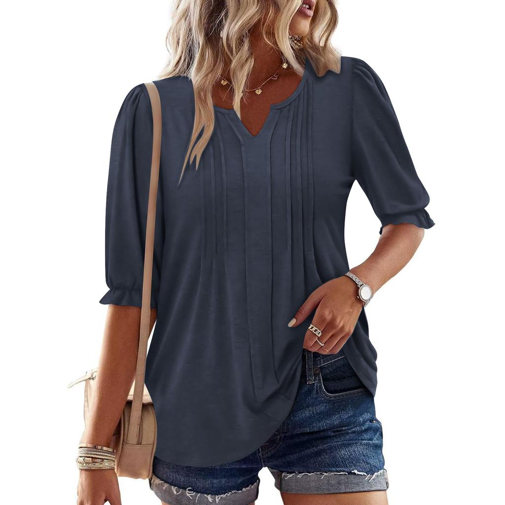 Women's Fashion Casual V-Neck Button-Front Pleated T-Shirt With Short Sleeves In Solid Color