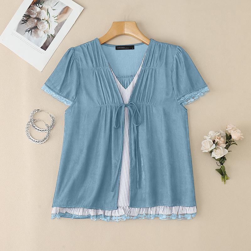 

ZANZEA Женская повседневная блузка пэчворк с V-образным вырезом и коротким рукавом на лето 4XL