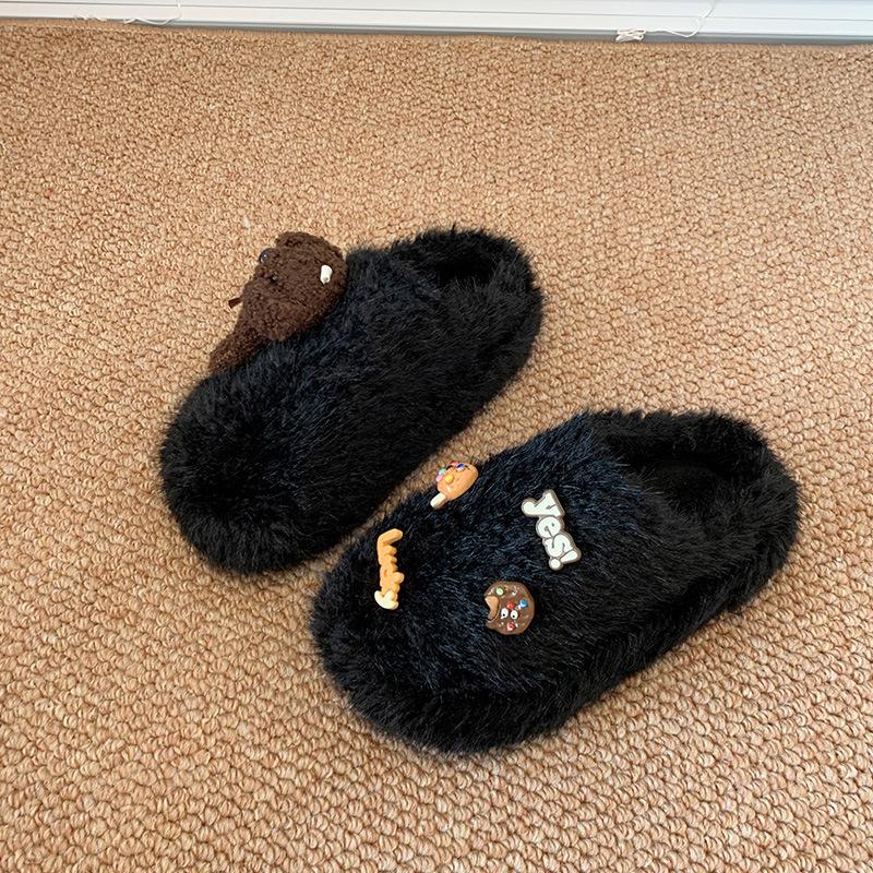 Popular fashion bow Mao Mao shoes outer wear 2025 autumn and winter new one-pedal Doudou shoes velvet cotton slippers