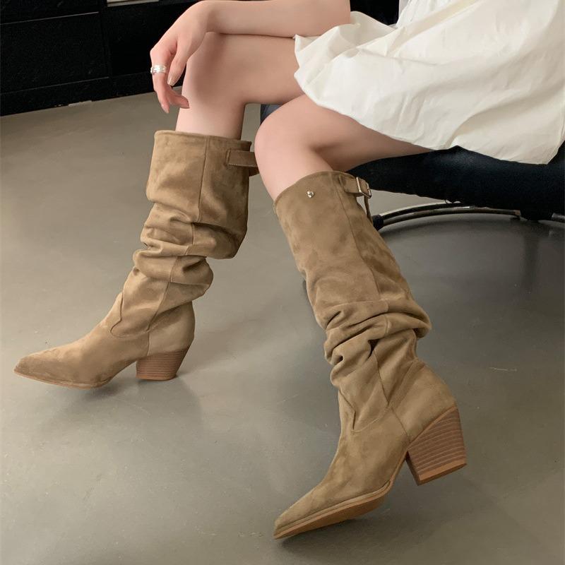 Stivali da Cavaliere Sottili con Tacco Alto Song Xixi 2025 Europei e Americani - Gambale Extra Largo, Tacco Chunky, Punta Sottile