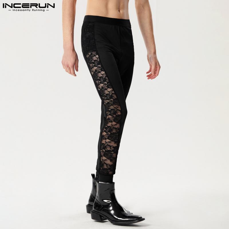 INCERUN Men High Waist Lace Patchwork Skinny Leggings Long Pants Home Wear