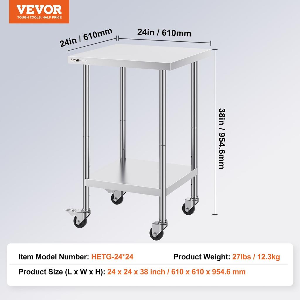 Stainless Steel Work Table Commercial Prep Table 24x24 Inch With 4 Casters