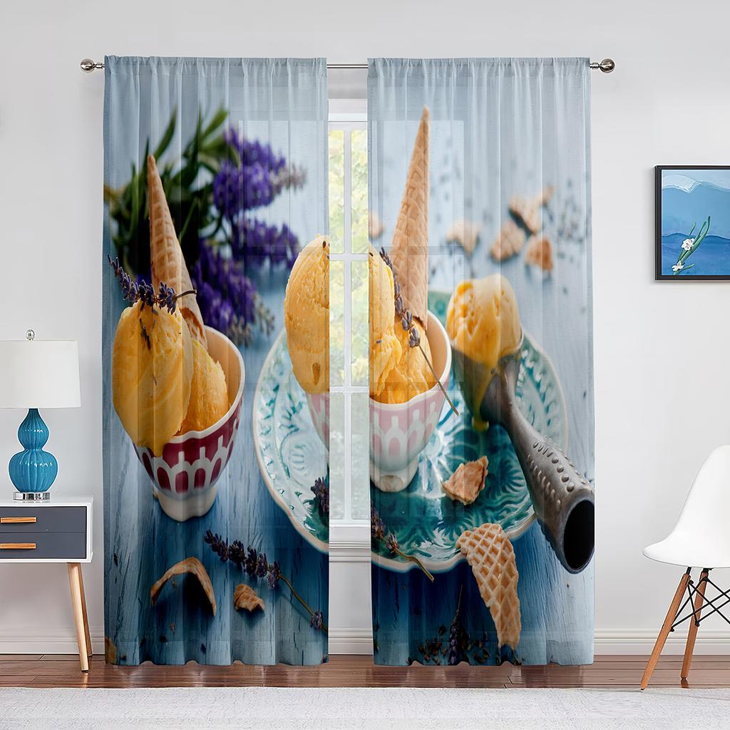 Ice Cream Summer Theme Chocolate and Fruity Flavor Tulle Window Curtains for Living Room Bedroom Decorative Sheer Voile Curtain