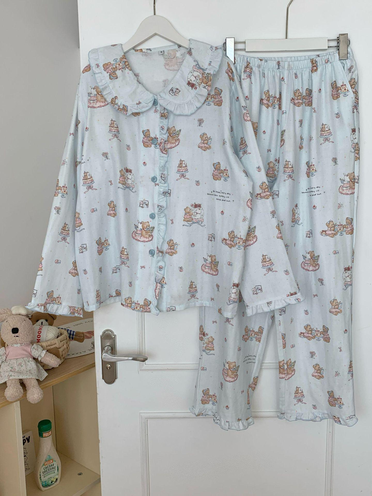 

Пижамный комплект из чистого хлопка с оборками и воротником Питер Пэн - дизайн «Принцесса Медвежонок» M (up to 115 jin)