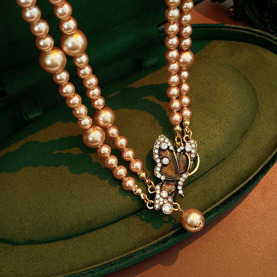

Champagne Gold Color Imitation Pearl Chain Necklace Earring Vintage Butterfly Pendant Jewelry Accessory